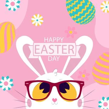 White Easter bunny with glasses on a pink background - Vector Illustrazione stock