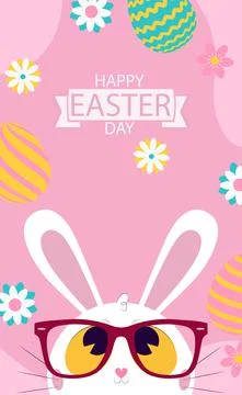 White Easter bunny with glasses on a pink background - Vector Illustrazione stock