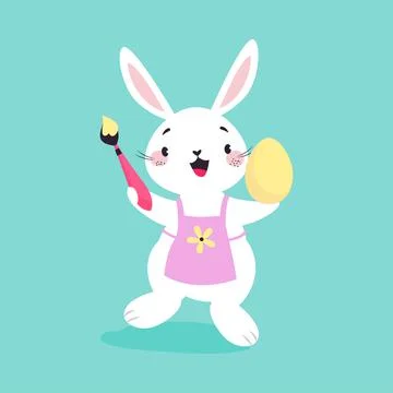 White Easter Bunny Holding Brush and Egg Wearing Apron on Blue Background Vector Stockillustratie