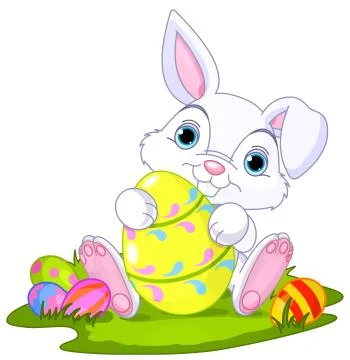 White easter bunny holding egg grass illustration Illustrazione stock