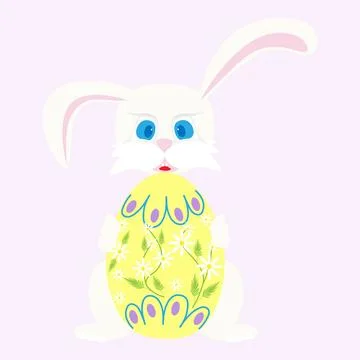A white Easter bunny holds a yellow egg with daisies on a pink background. Illustrazione stock