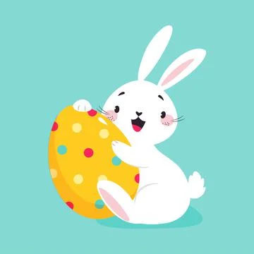 White Easter Bunny Hugging Decorated Egg on Blue Background Vector Illustration Stock Illustration
