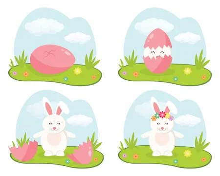 White Easter bunny on the lawn that hatched their pink egg. In vector illustr Stock Illustration