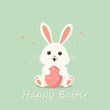 White easter bunny with pink egg sitting on green background, Happy Easter text Stock Illustration