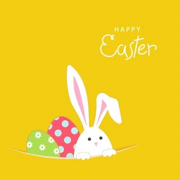 White Easter bunny pops out and decorated Easter eggs Stock Illustration