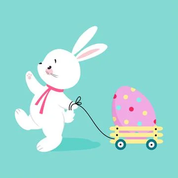 White Easter Bunny Pulling Trolley with Decorated Egg on Blue Background Vector Illustrazione stock
