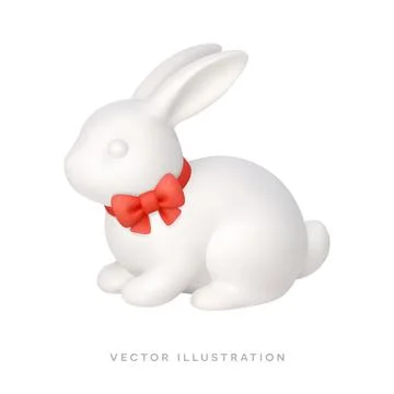 White Easter bunny with red bow tie 3D realistic icon. Adorable rabbit vector イラスト素材