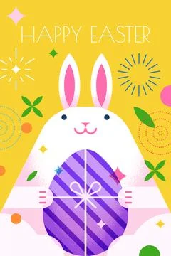 White Easter bunny with striped easter egg in paws. Vector holiday rabbit geo Stock Illustration