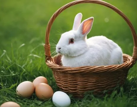 A white Easter bunny in a wicker basket near scattered chicken eggs on the .. Foto stock