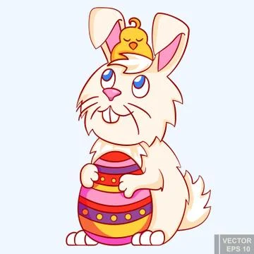 White Easter doodle Bunny with chicken on head holding ornate easter egg and  Stockillustratie