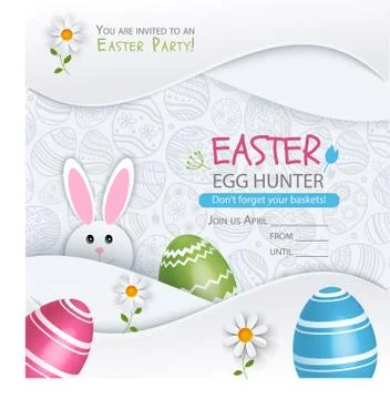 White Easter Egg banner. Multicolored eggs and egg hunter bunny on pattern Stock Illustration