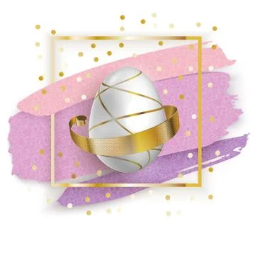White Easter Egg in Gold Square with Pink Blots on white background. Grunge イラスト素材