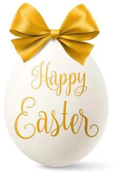 White easter egg with a golden bow and happy easter text isolated Stock Illustration