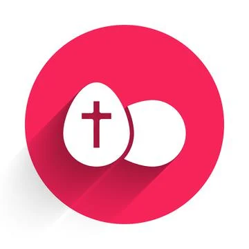 White Easter egg icon isolated with long shadow. Happy Easter. Red circle button Stock Illustration