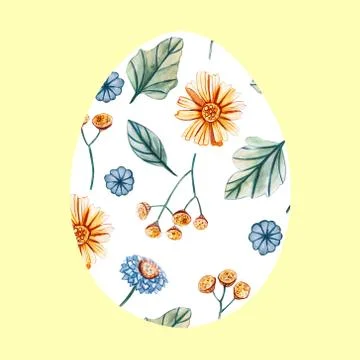 White Easter egg on a yellow background with a pattern of wild flowers. Illustrazione stock