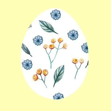 White Easter egg on a yellow background with a pattern of wild flowers. 스톡 일러스트