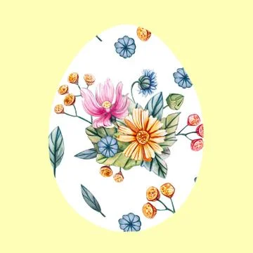 White Easter egg on a yellow background with a pattern of wild flowers. Illustrazione stock