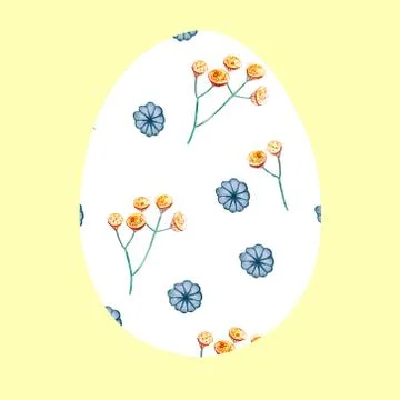 White Easter egg on a yellow background with a pattern of wild flowers. Stock Illustration