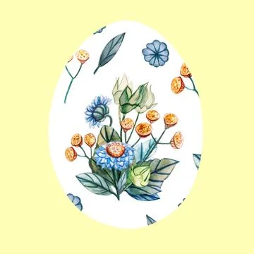 White Easter egg on a yellow background with a pattern of wild flowers. Illustrazione stock