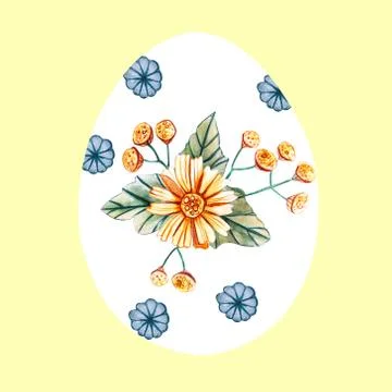 White Easter egg on a yellow background with a pattern of wild flowers. 스톡 일러스트