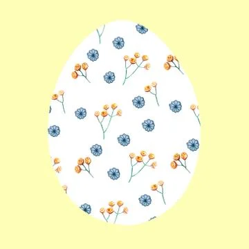 White Easter egg on a yellow background with a pattern of wild flowers. Illustrazione stock