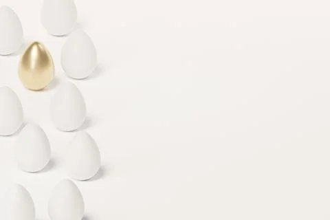 White Easter eggs and one egg decorated with gold, spring April holidays card Stock Illustration