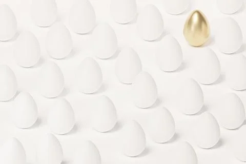 White Easter eggs and one egg decorated with gold, spring April holidays card Stock Illustration