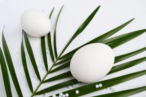 White easter eggs and palm branch on a white background Stock Photos