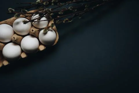 White easter eggs in carton box and willow branches isolated on black background Stock Photos