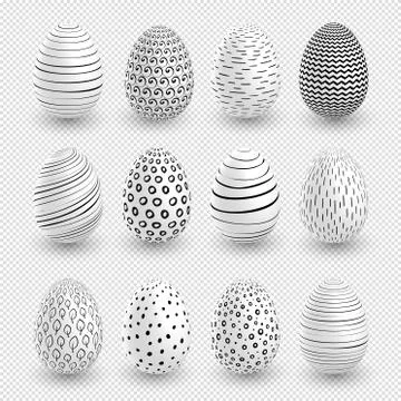 White Easter eggs wtth doodle black simple patterns on surface. Vector set on Illustrazione stock