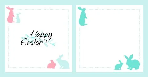 White Easter greeting card with green, blue and pink bunnies Illustrazione stock