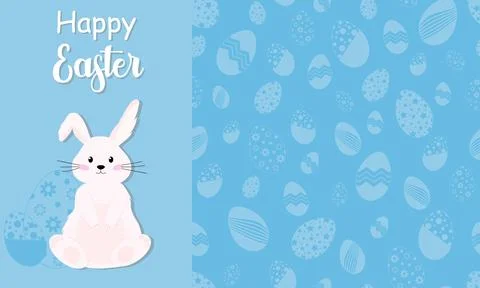 White easter rabbit and eggs. Inscription Happy Easter and cute bunny on blue Stock Illustration