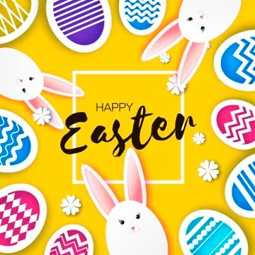 White Easter rabbit. Easter Bunny. Colorful egg hunt. Happy Easter in paper cut Stock Illustration