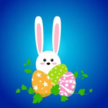 White easter rabbit with eggs. Funny bunny in flat style. Easter Bunny. On blue Stock Illustration