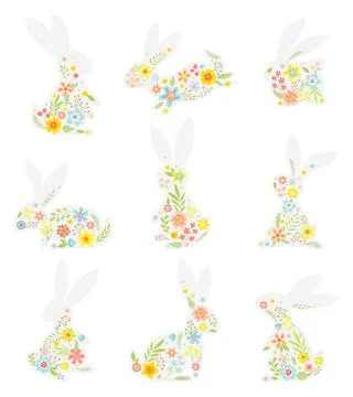 White Easter Rabbit with Flowers and Floral Decoration Inside Vector Set Stock Illustration