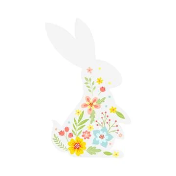 White Easter Rabbit with Flowers and Floral Decoration Inside Vector Stockillustratie