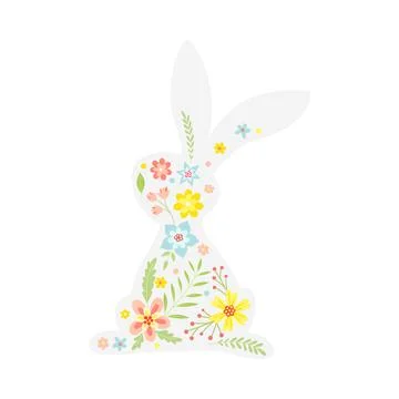 White Easter Rabbit with Flowers and Floral Decoration Inside Vector Stock Illustration