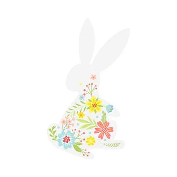 White Easter Rabbit with Flowers and Floral Decoration Inside Vector 库存插图