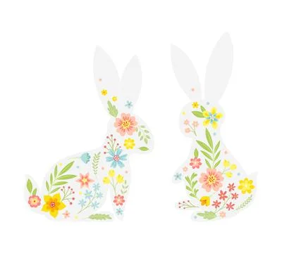 White Easter Rabbit with Flowers and Floral Decoration Inside Vector Set Stockillustratie