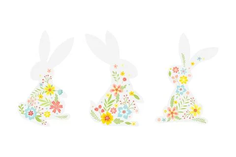 White Easter Rabbit with Flowers and Floral Decoration Inside Vector Set Illustrazione stock