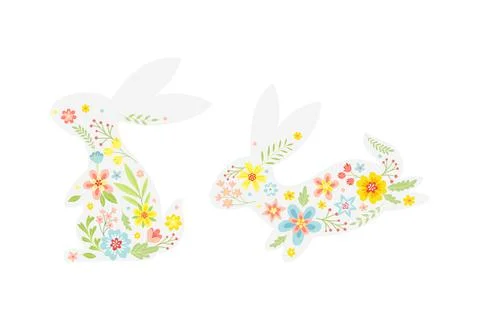 White Easter Rabbit with Flowers and Floral Decoration Inside Vector Set 스톡 일러스트