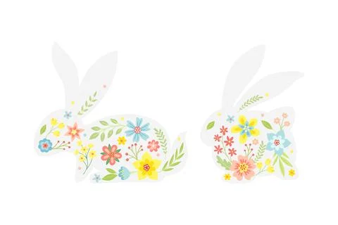 White Easter Rabbit with Flowers and Floral Decoration Inside Vector Set Stock Illustration