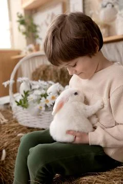 White Easter rabbit sits on the hands of a little boy, who huggs the rabbit Stock Photos