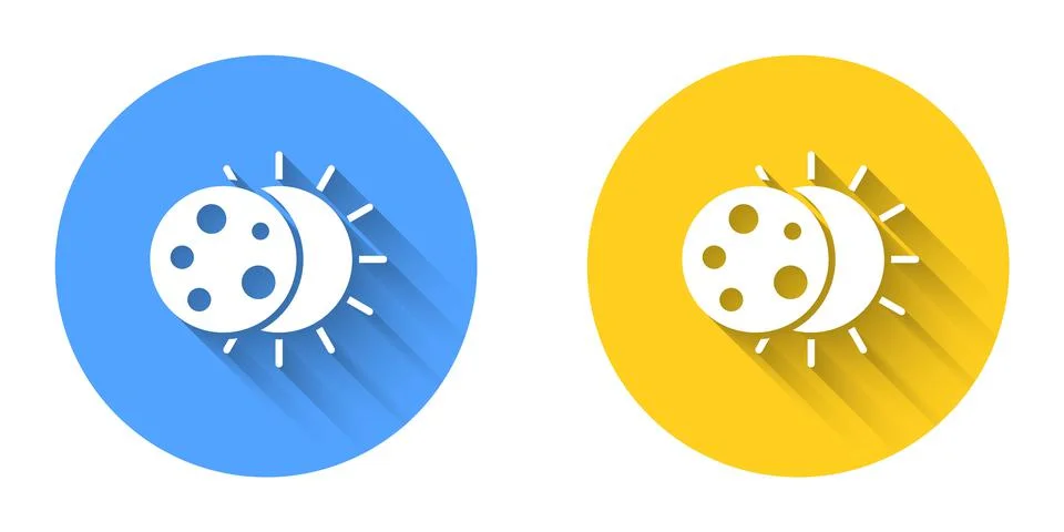 White Eclipse of the sun icon isolated with long shadow background. Total sonar Stock Illustration