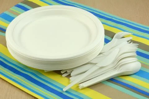 White eco-friendly disposable compostable plates and cutlery Stock Photos