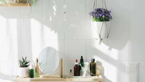 White eco friendly tile wall in modern bathroom Stock Footage 184105239