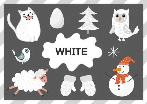 White. Educational worksheet for kids. Learning the color white set Stock Illustration