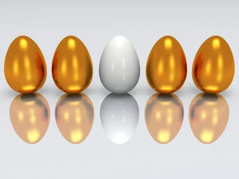 White egg in a row of golden eggs. 3D. Illustrazione stock