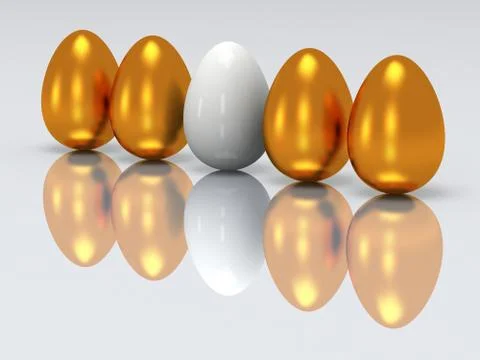 White egg in a row of golden eggs. 3D. Illustrazione stock