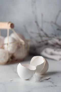 White egg shells on a table Foto stock